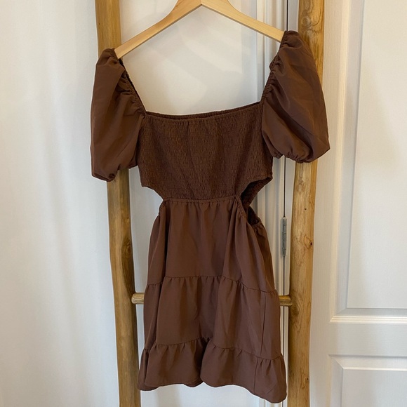 Missguided Smocked Cut Out Baby Doll Mini Dress Chocolate Brown Sz 8 - Picture 8 of 10